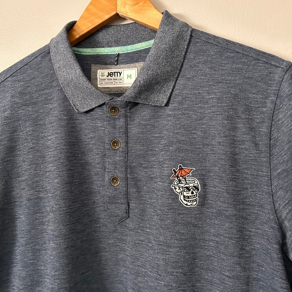 Jetty Polo Shirt‎ Mens Medium Heather Blue Skull Tropical Drink Surf Golf Casual